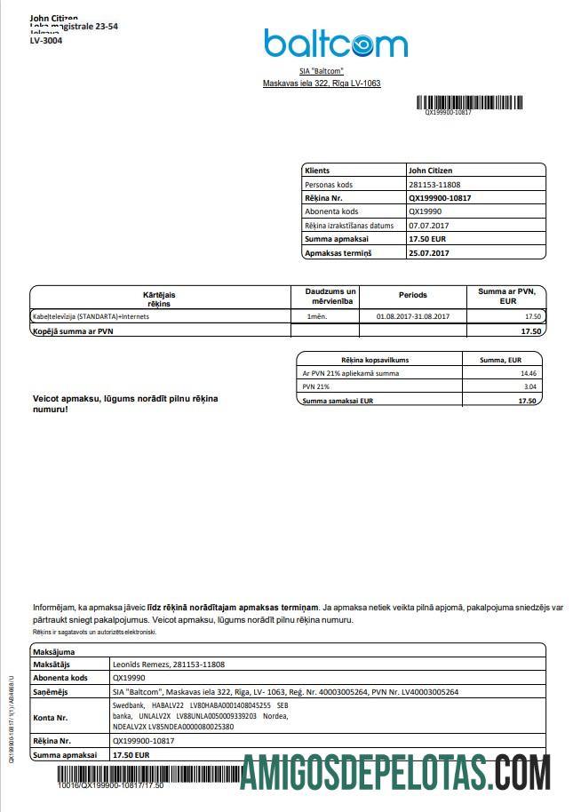 realista Modelo de conta de serviços públicos de telecomunicações Baltcom da Letônia em formato Word e PDF (versão em letão)